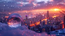 a glass ball on snow with a city in the background