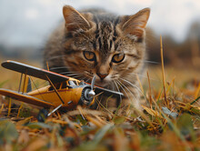 a cat playing with a toy airplane