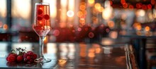 a glass of red liquid on a table