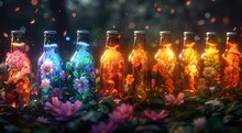 a row of bottles with flowers