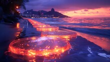 a row of floating candles on a beach