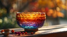 a colorful glass bowl on a window sill