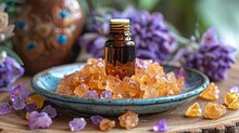 a small bottle of brown liquid in a bowl of brown crystals