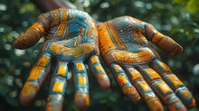 a pair of hands with blue and orange paint