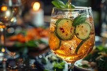 a glass of liquid with cucumbers and a slice of cucumber