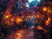 a street with tables and chairs and lanterns