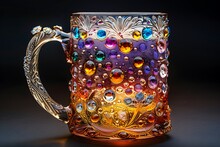 a glass mug with colorful bubbles