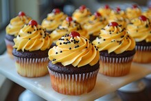 a group of cupcakes with yellow frosting and black sprinkles