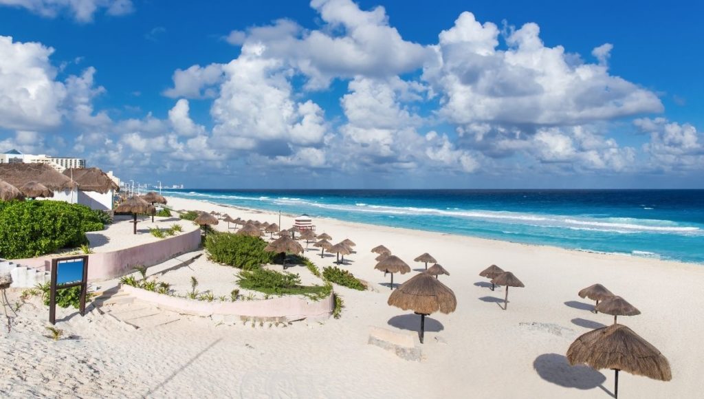 a beach with straw umbrellas and a blue ocean