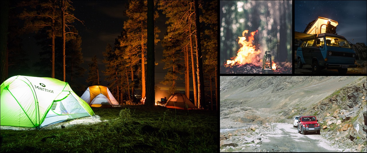 a group of tents in the woods