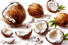 a group of coconuts with leaves