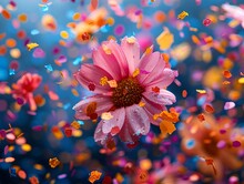 a pink flower with colorful confetti