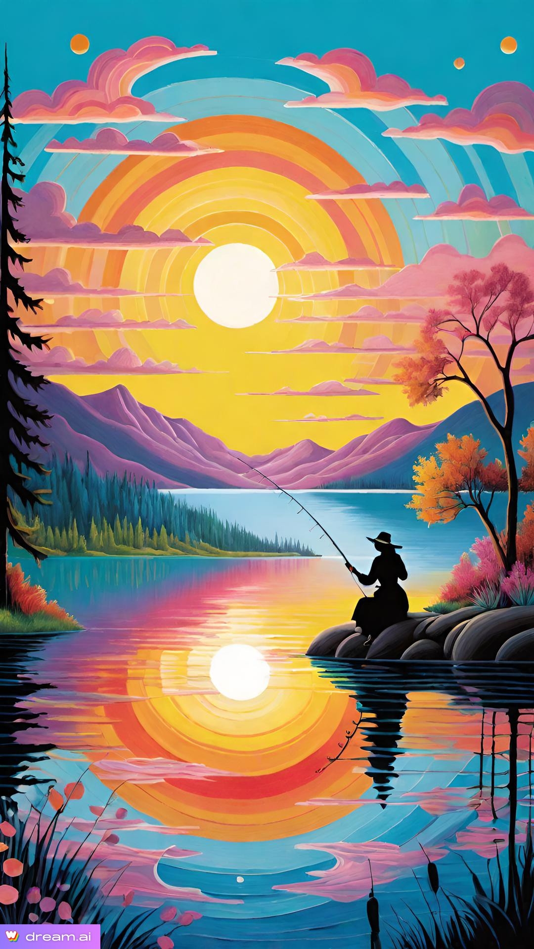 a painting of a man fishing on a lake