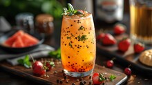 a glass of orange drink with black dots and mint leaves