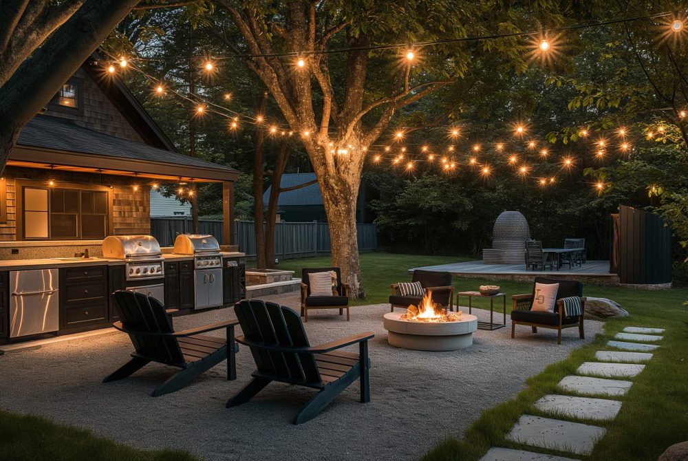 a patio with a fire pit and chairs