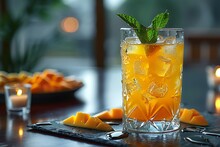 a glass of orange liquid with ice and mint leaves