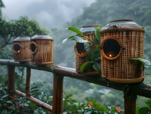 a row of birdhouses on a fence