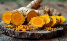 a sliced turmeric on a wooden surface