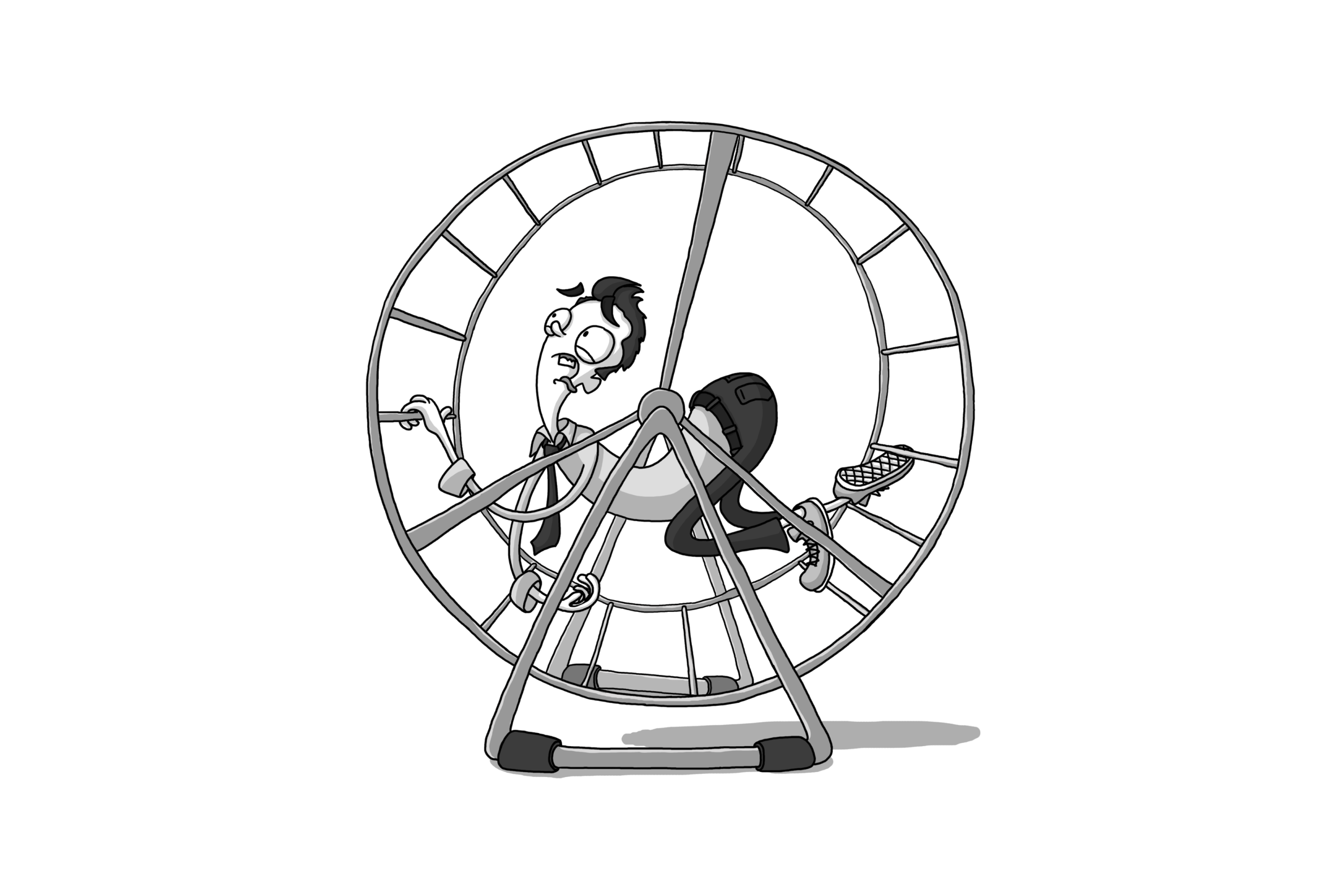 a cartoon of a man in a hamster wheel