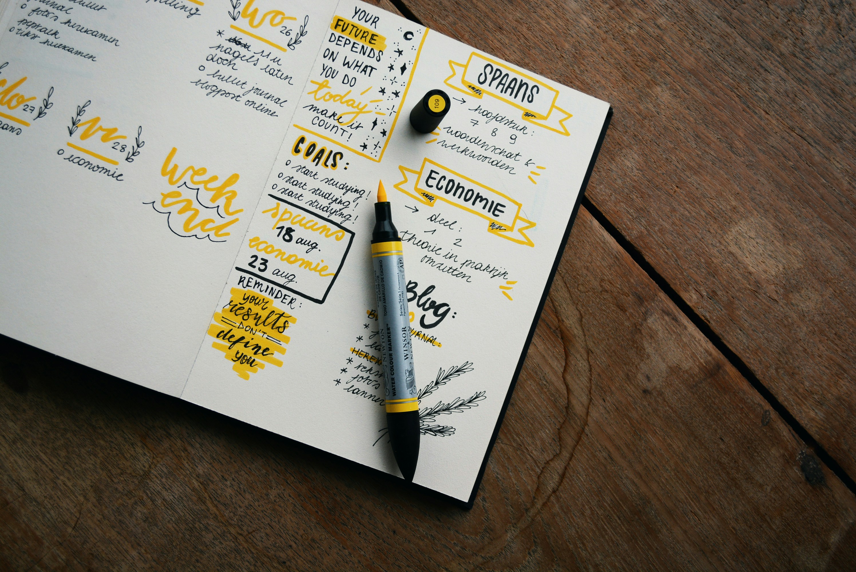 a notebook with yellow marker on it