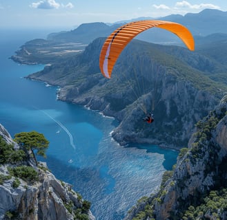 a person parachuting over a body of water