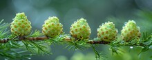 a group of green round objects on a branch