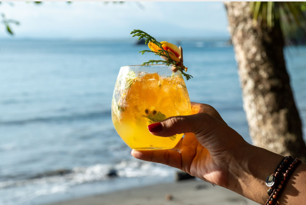 a hand holding a drink with a leafy drink on the beach