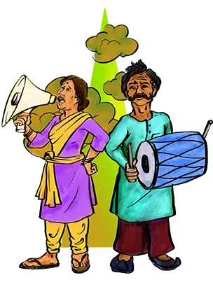 a man and woman holding a megaphone and a drum