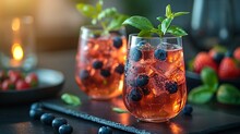 two glasses of liquid with blueberries and leaves