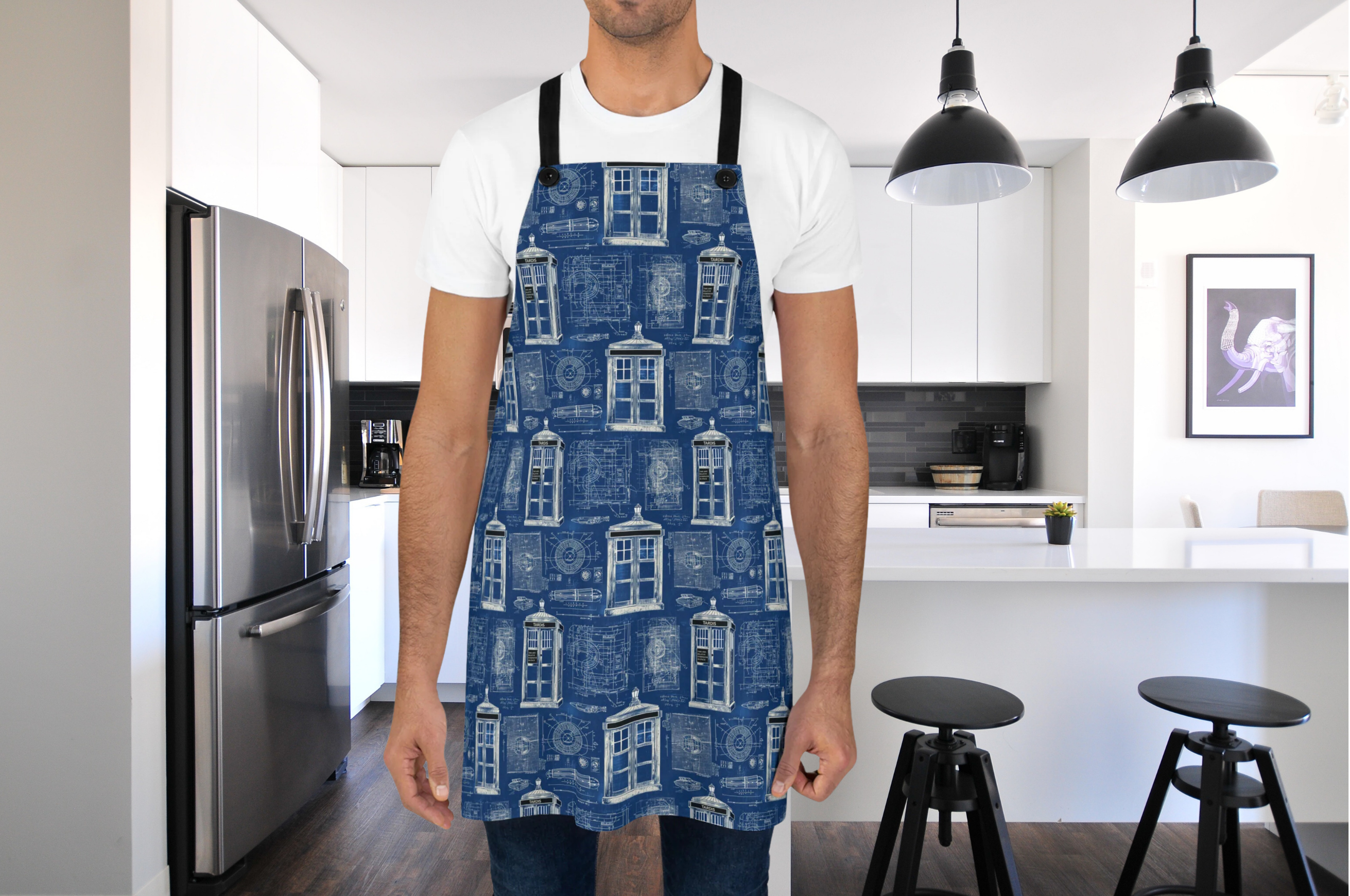 a man wearing a blue apron