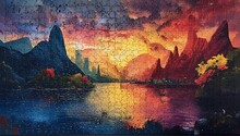 a puzzle of a sunset over a lake