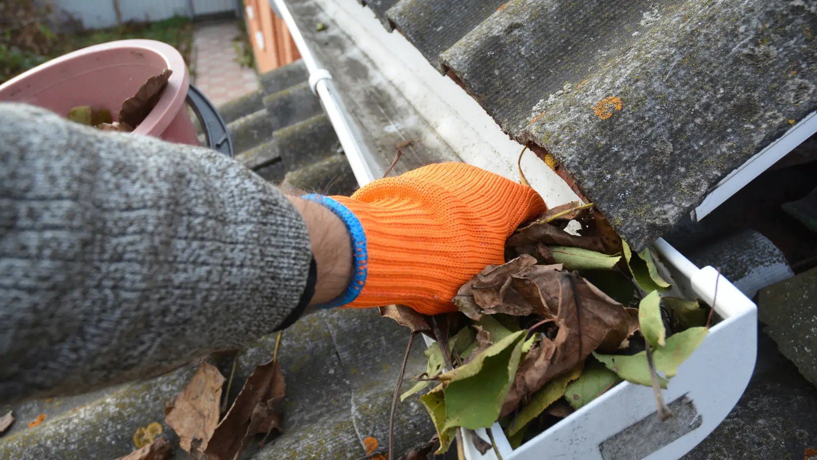 a hand in orange glove picking leaves from a gutter