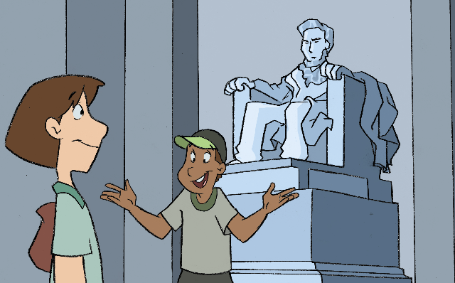 cartoon of a boy standing next to a statue