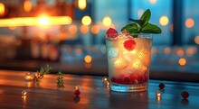 a glass of ice drink with berries and leaves on a table