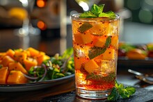 a glass of orange liquid with a green leafy vegetable salad