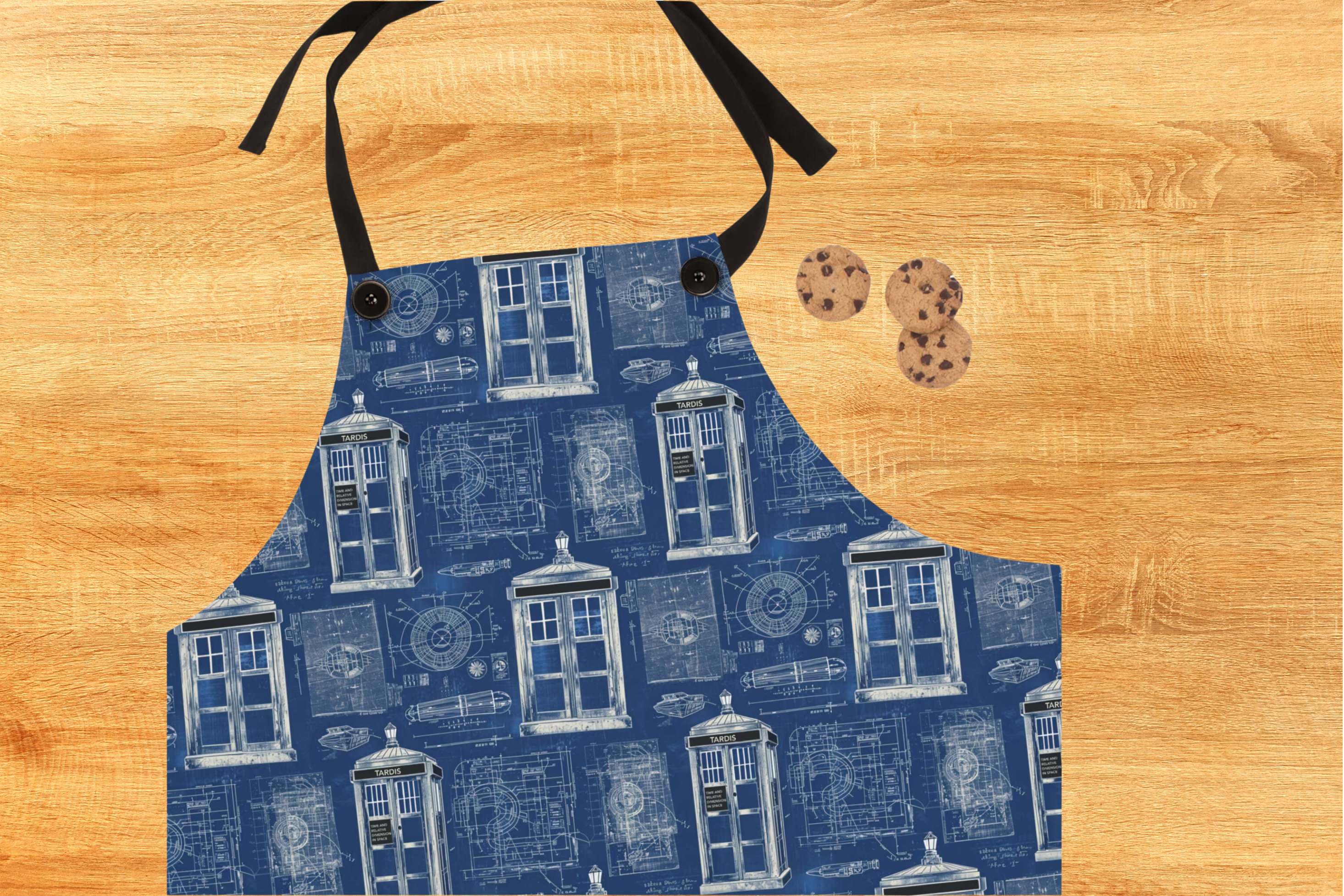 a blue apron with a picture of a phone booth and cookies