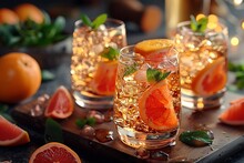 a group of glasses with ice and orange slices on a wooden surface