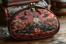 a red purse with a design on it