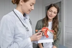 a woman looking at a model of a human organ
