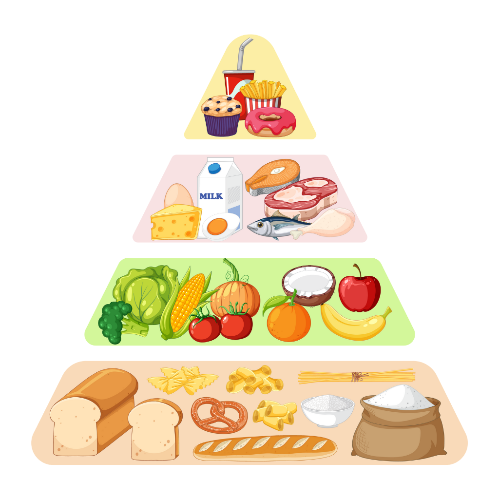 a food pyramid with different foods