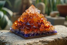 a pyramid of orange and purple crystals