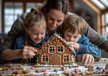 a woman and kids making a gingerbread house