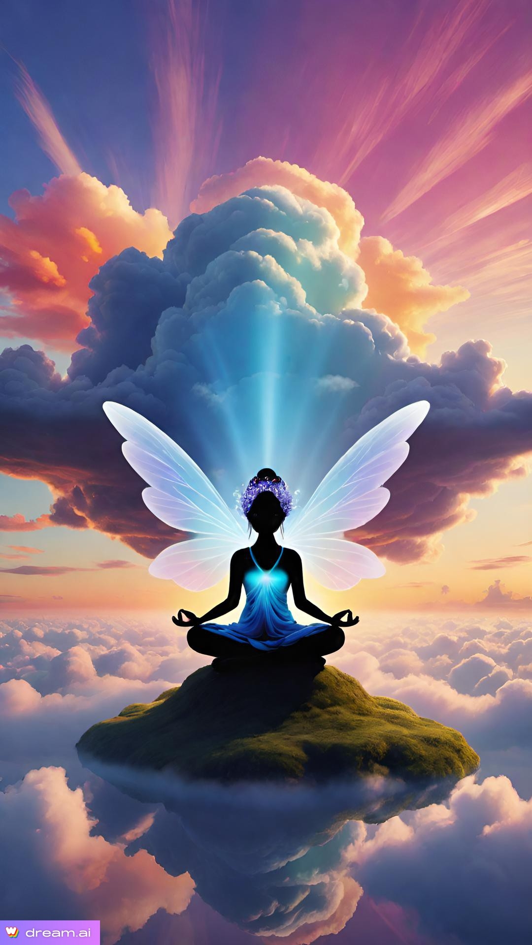 a woman sitting on a rock with wings and a colorful sky