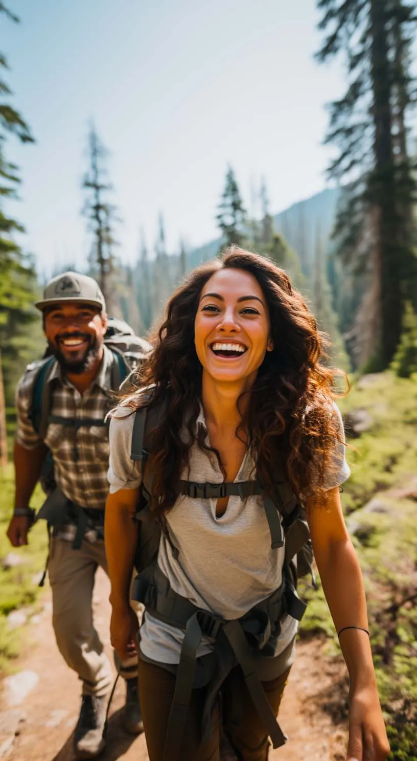 a man and woman hiking in the woods