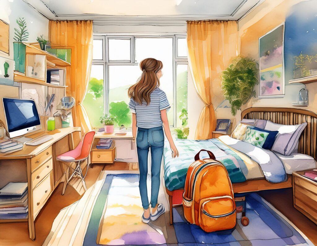 a girl looking out a window in a bedroom