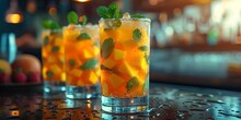 a group of glasses with orange liquid and mint leaves