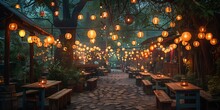 a walkway with benches and lanterns