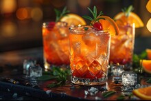 a group of glasses with ice and orange liquid