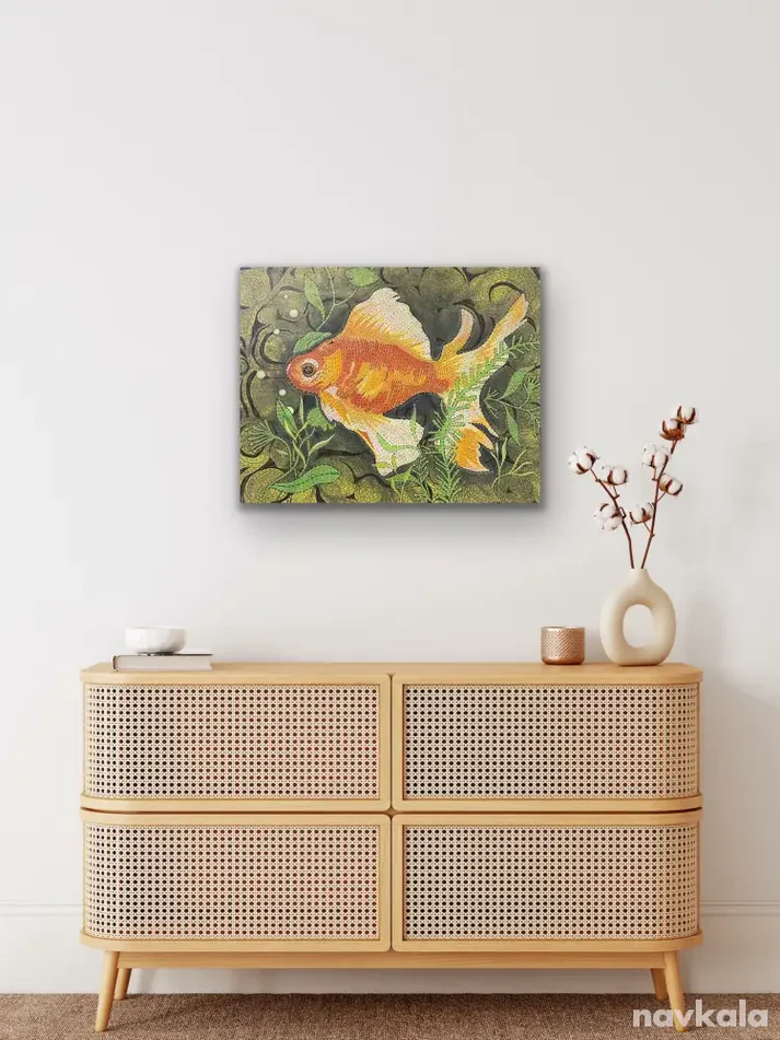 a painting of a goldfish on a cabinet