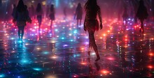 a group of people walking on a wet floor with colorful lights